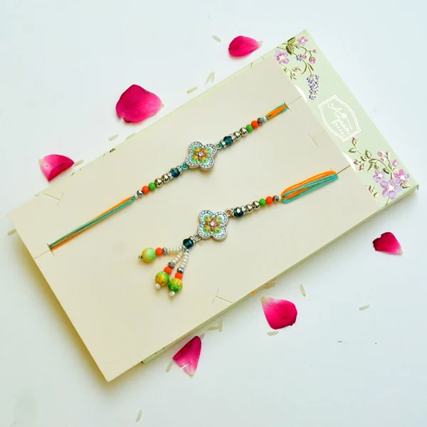 Floral Enamel Bhaiya-Bhabhi Rakhi Set – RK-267 | Silver-Tone with Beads & Stone Detailing - Image 2