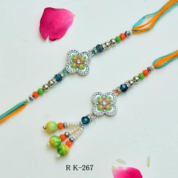 Floral Enamel Bhaiya-Bhabhi Rakhi Set – RK-267 | Silver-Tone with Beads & Stone Detailing - Image 1