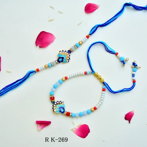 Blue Lotus Charm Bhaiya-Bhabhi Rakhi Set – RK-269 | Elegant Beads & Pearl Detailing - Image 1
