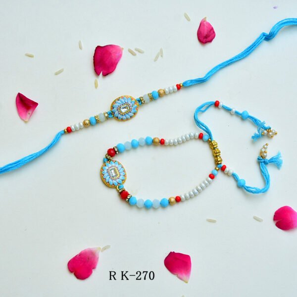Premium Floral Charm Bhaiya-Bhabhi Rakhi Set – RK-270 | Traditional Design with Pearls & Beads - Image 1