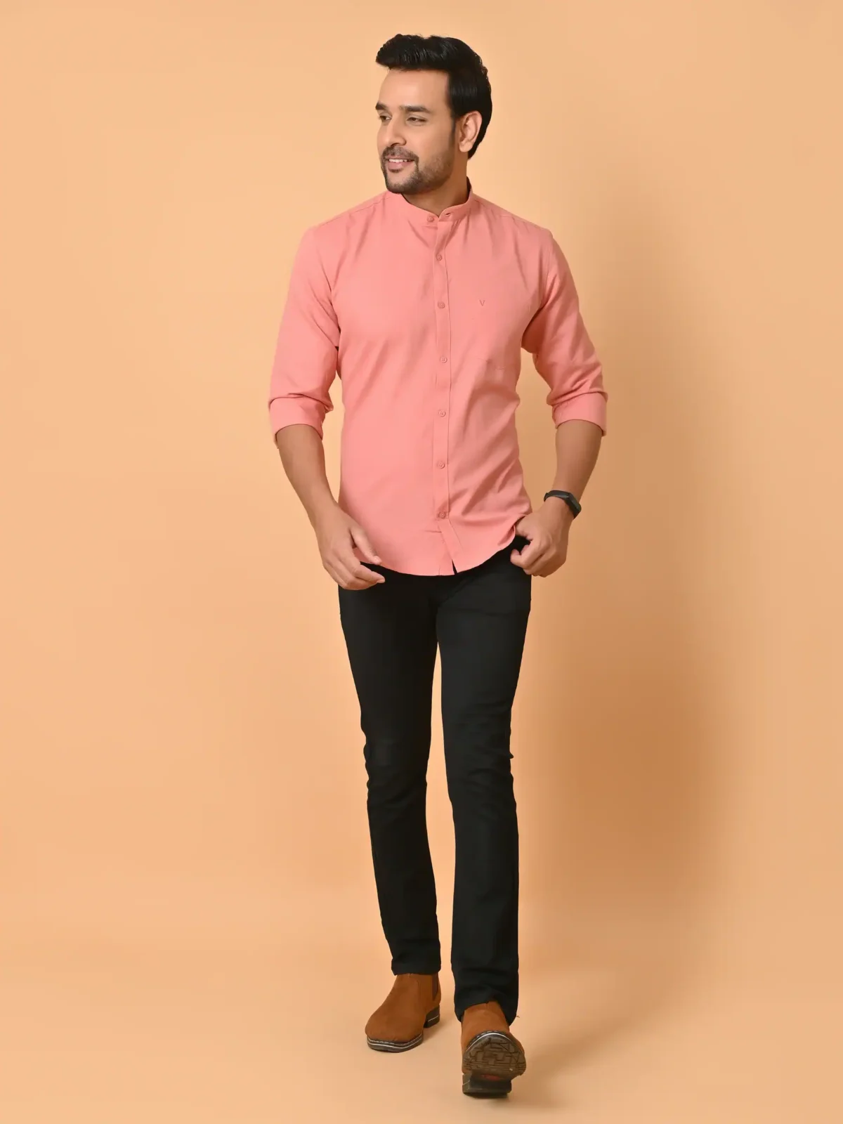 CraftEarth Men's Peach Color Solid Shirt - FS - C12 - Image 2