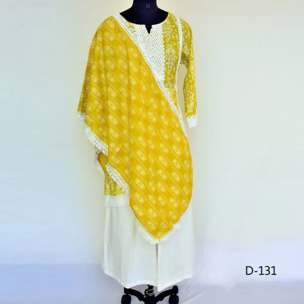 CraftEarth Women’s Yellow Hand Block Print Suit Set with Dupatta K-D131