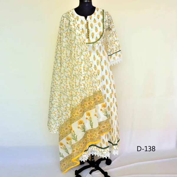 CraftEarth White Anarkali Cotton Suit Set with Dupatta for Women K-D138
