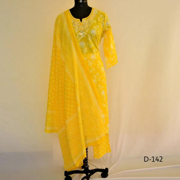CraftEarth Women’s Ethnic Yellow Mirror Work Kurta with Bottom & Dupatta Set K-D142