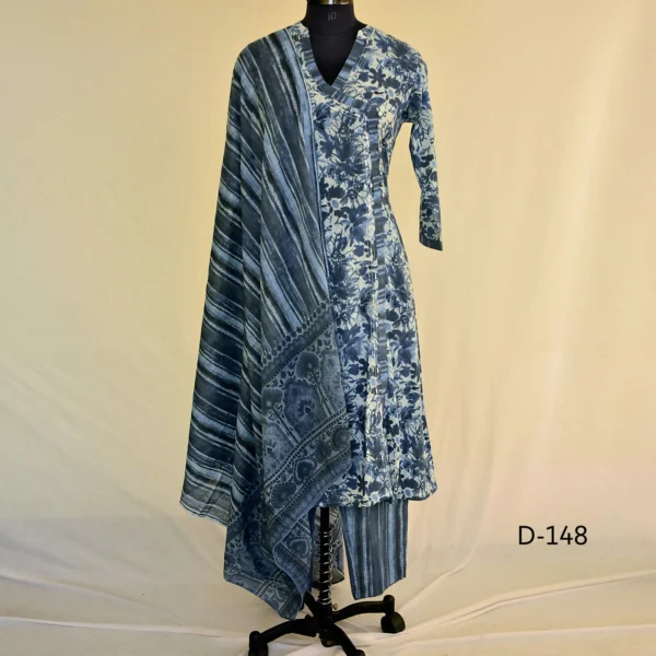 CraftEarth Women's Cotton Floral Printed Angrakha Kurta Pants with Dupatta Set K-D148