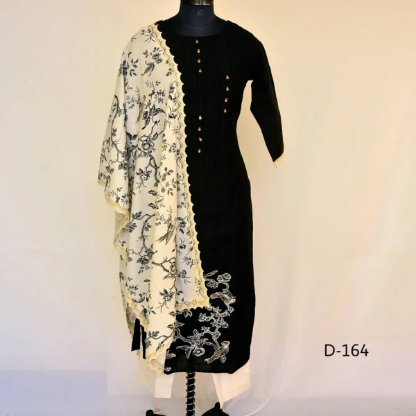 CraftEarth Women's Black Cotton Suit Set with White Pant & Dupatta K-D164