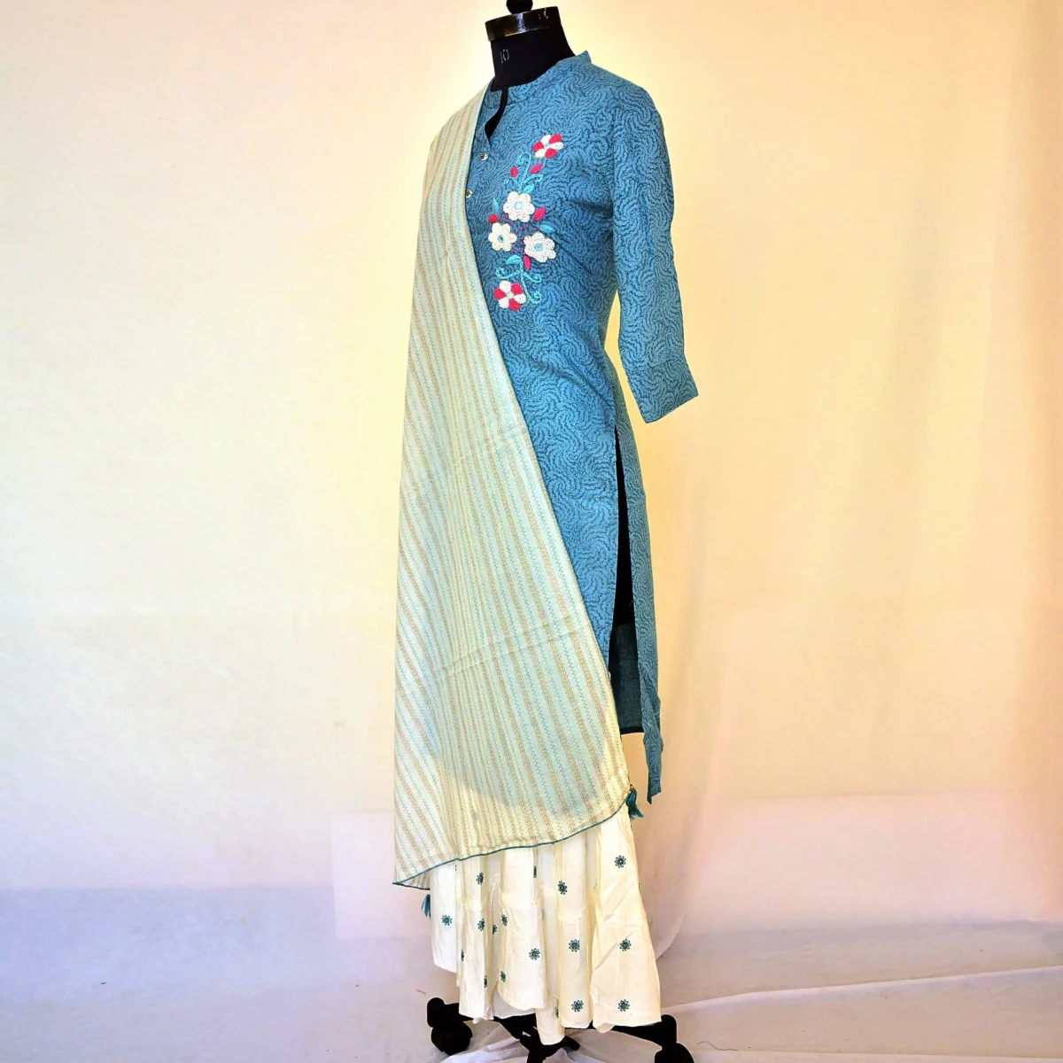 CraftEarth Women's Ethnic Blue Cotton Sharara Set with Dupatta K-D170 - Image 4