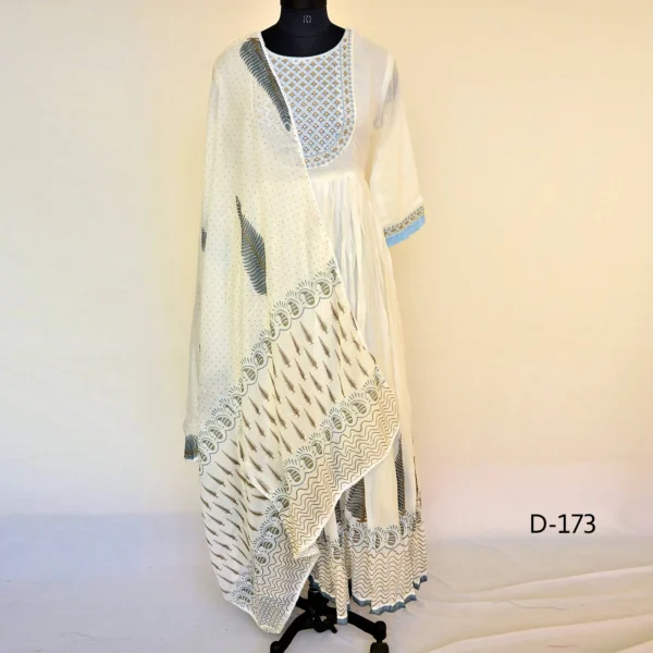 CraftEarth White Feather Print Anarkali Suit Set with Dupatta for Women K-D173