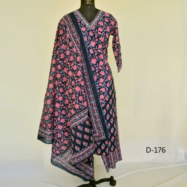 CraftEarth Women’s Navy Blue Cotton Pink floral Printed Suit Set with Dupatta K-D176