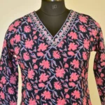CraftEarth Women’s Navy Blue Cotton Pink floral Printed Suit Set with Dupatta K-D176 - Image 2