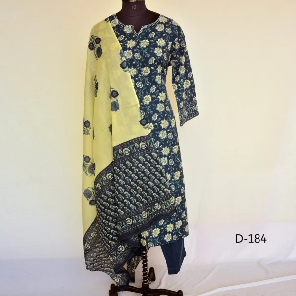 CraftEarth Women’s Blue Straight Cotton Kurta Suit Set with Dupatta K-D184