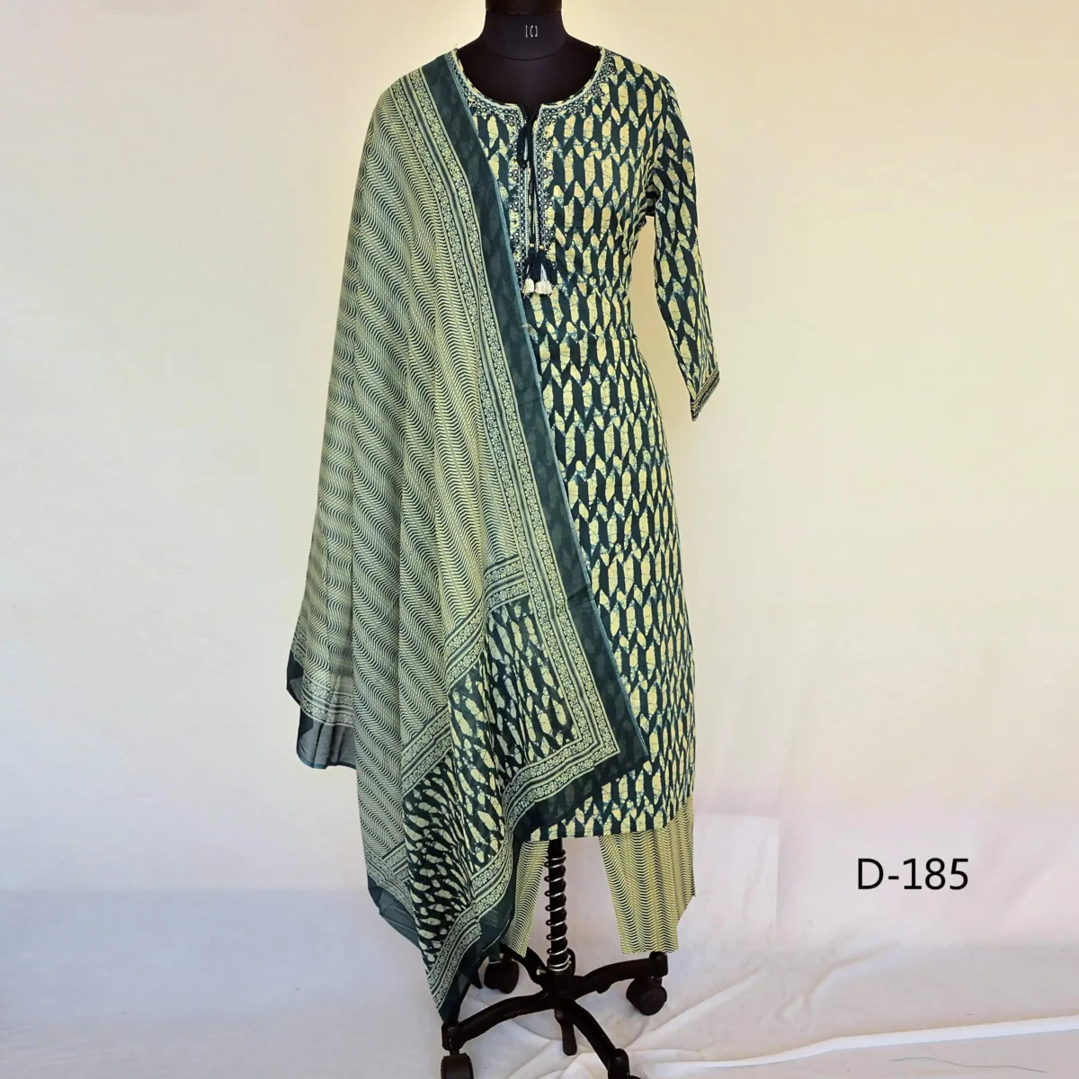 CraftEarth Women's Dark Green Printed Cotton Suit Set with Dupatta K-D185 - Image 1