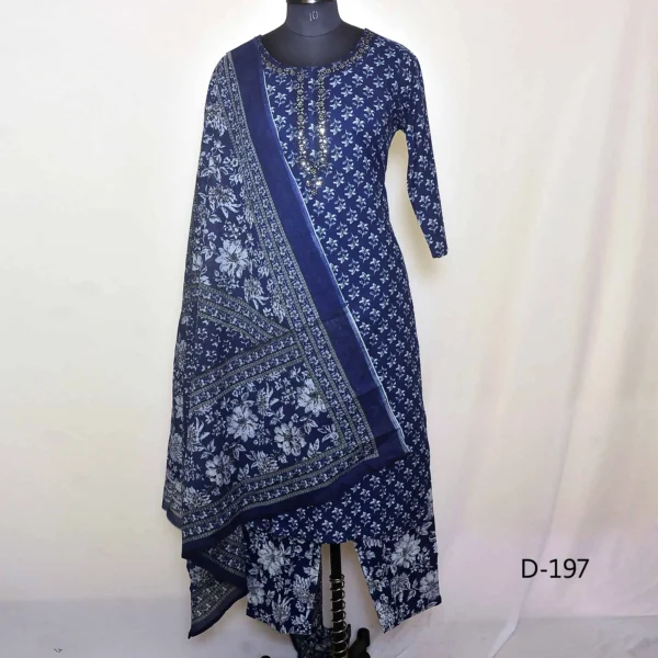 CraftEarth Women’s Navy Blue Hand Block Print Suit Set with Dupatta K-D197