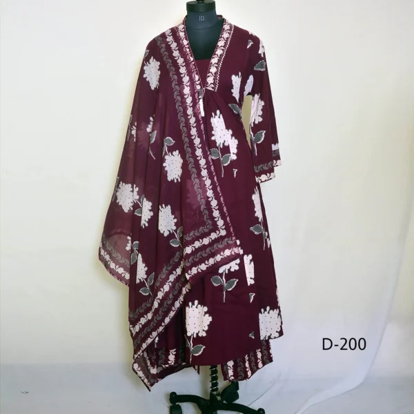 CraftEarth Wine Floral Printed Cotton Suit Sets with Matching Dupatta - K-D200